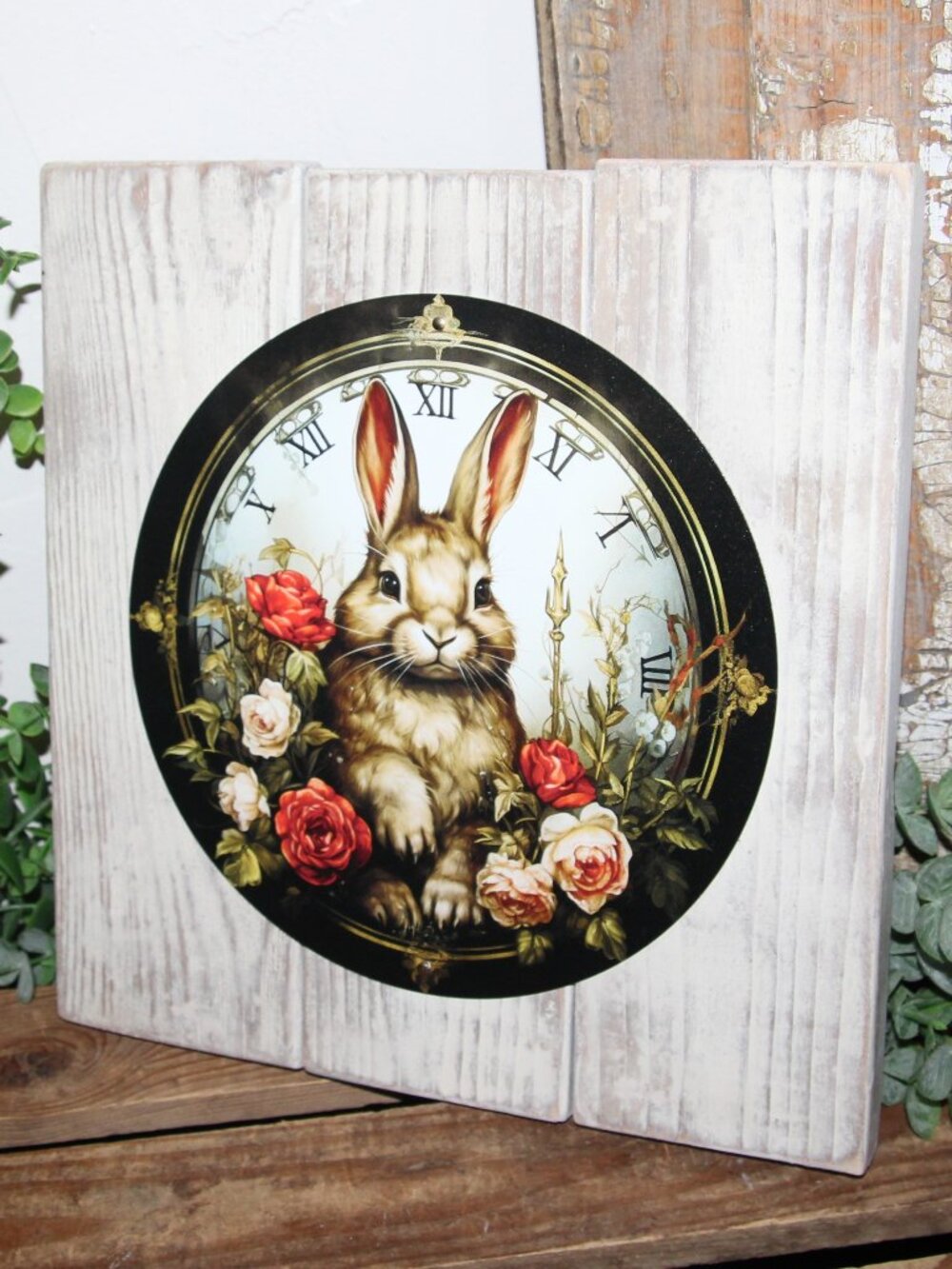 NEW Shabby French Country Farmhouse Bunny Rabbit & Roses Clock Face Wall Decor